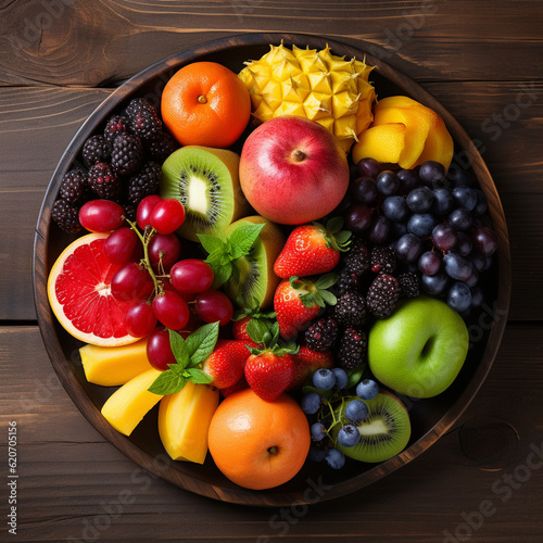 Raw and ripe fruits berries platter  on a round brown plate  on a wooden table  top view. Round fruit vitamin plate  proper and healthy nutrition. AI Generated.