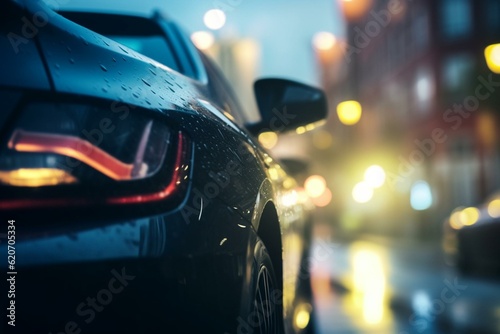 Blurred bokeh background behind car on road. Generative AI © Evelina