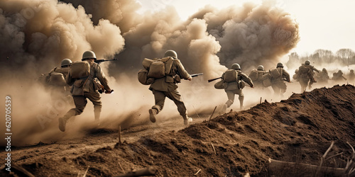 Soldiers running across the battlefield. Explosions in the background. AI generated image photo