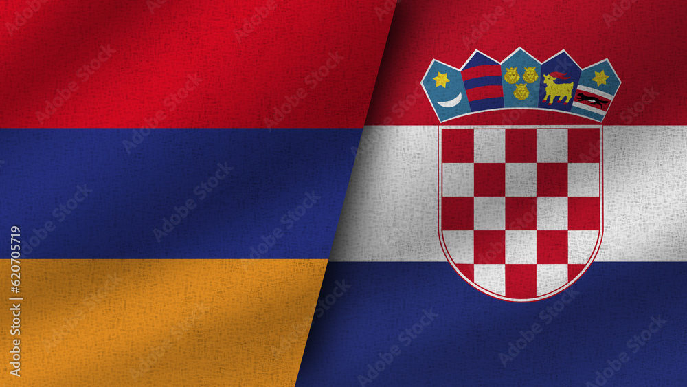 Croatia and Armenia Realistic Two Flags Together, 3D Illustration