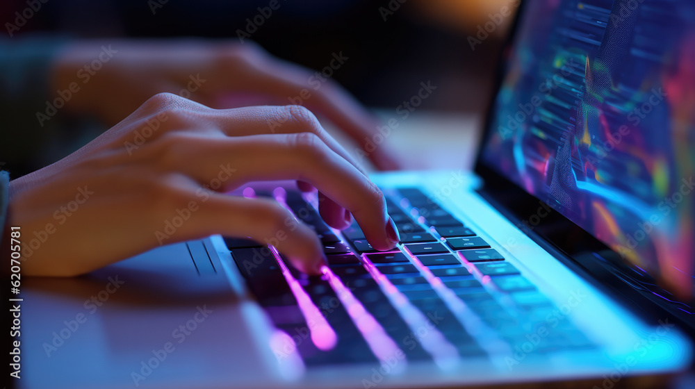 Close up of hands, Data Search Technology SEO Search Engine Optimization concept. Woman typing on purple lit laptop computer keyboard to search data on web browser, close-up of hands - obrazy, fototapety, plakaty 