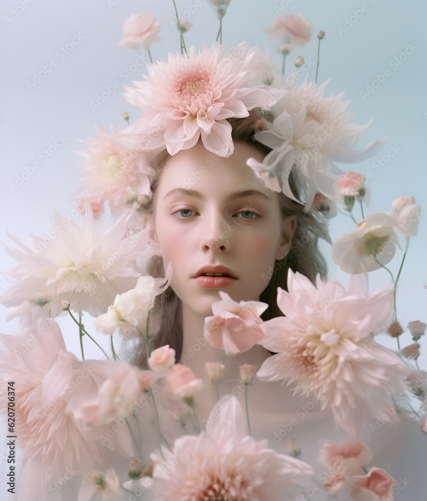 Beautiful woman floating in water with flowers. Beautiful woman floating in water with flowers.