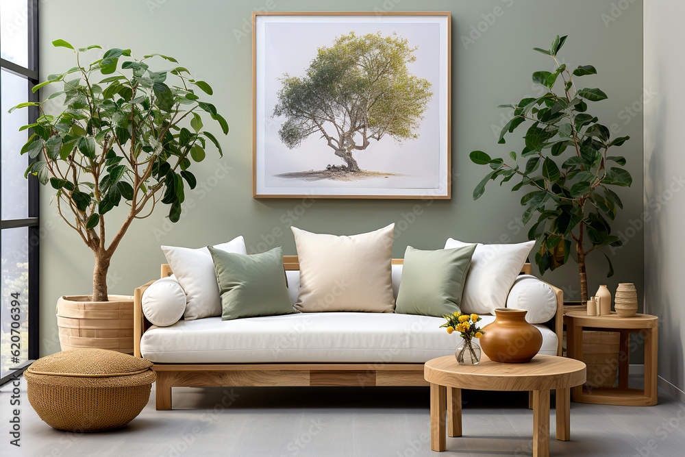 Wooden sofa with white cushions near green wall with art poster frame. Scandinavian interior design of modern stylish living room. Created with generative AI