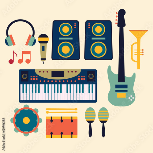Set of modern flat design musical instruments and music tools in retro colours