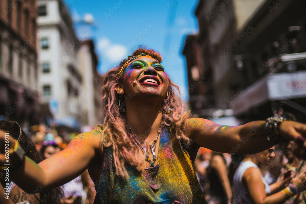 A woman dressed in vibrant colors celebrating a festival in the street. AI generated image