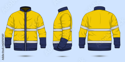 construction worker jacket mockup front, side, and back view. vector illustration