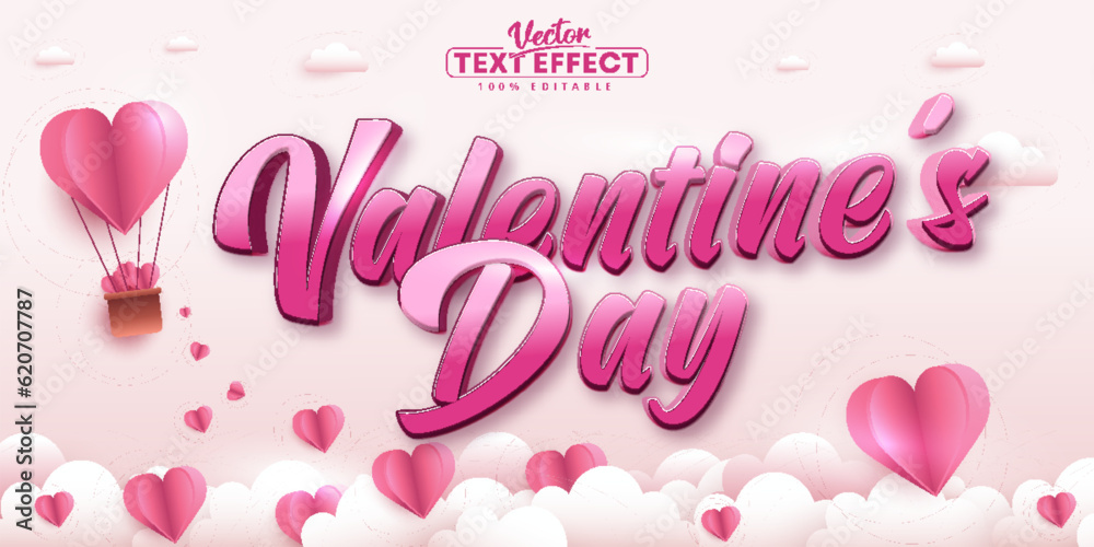 Valentine's day text, calligraphic style editable text effect on paper art style pink color background