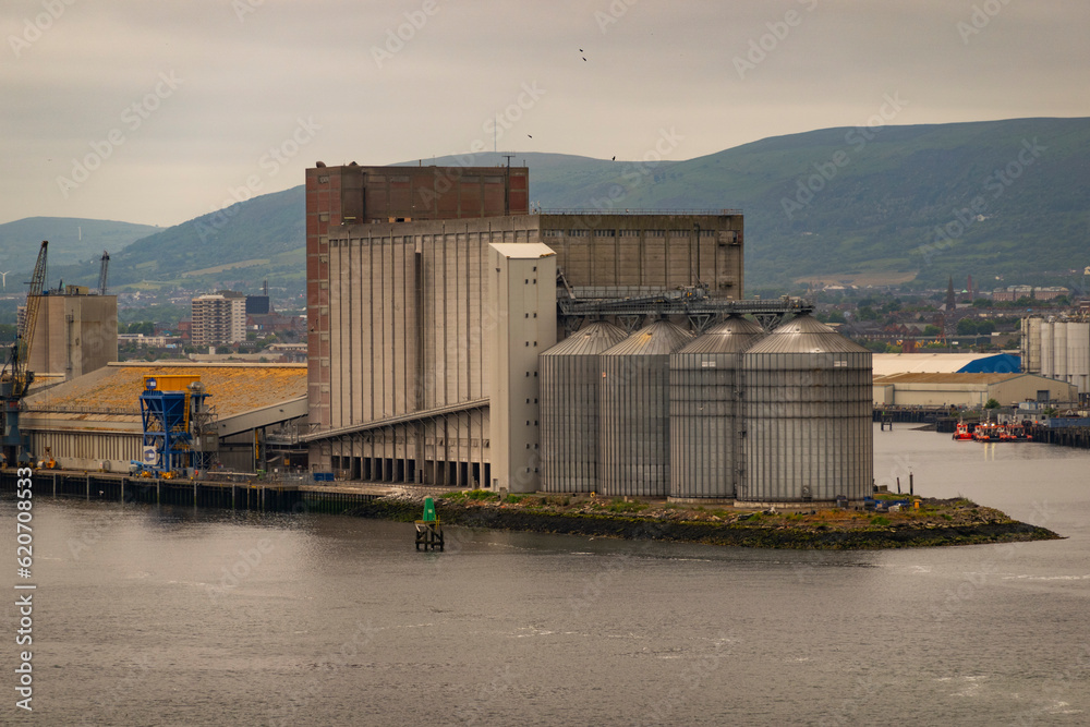 Belfast, Northern Ireland, UK. 7 June 2023. Silos and storage buildings on the River Lagan, Port of Belfast