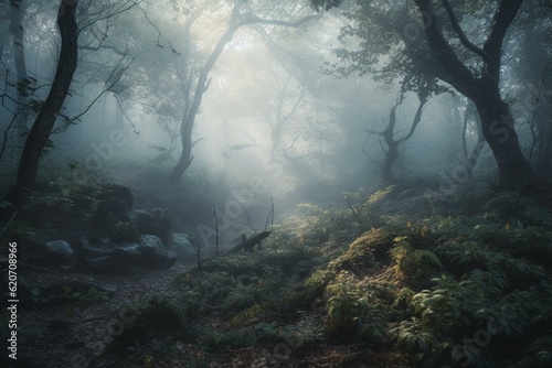 Magical woodland setting with towering trees and enchanting mist. Generative AI