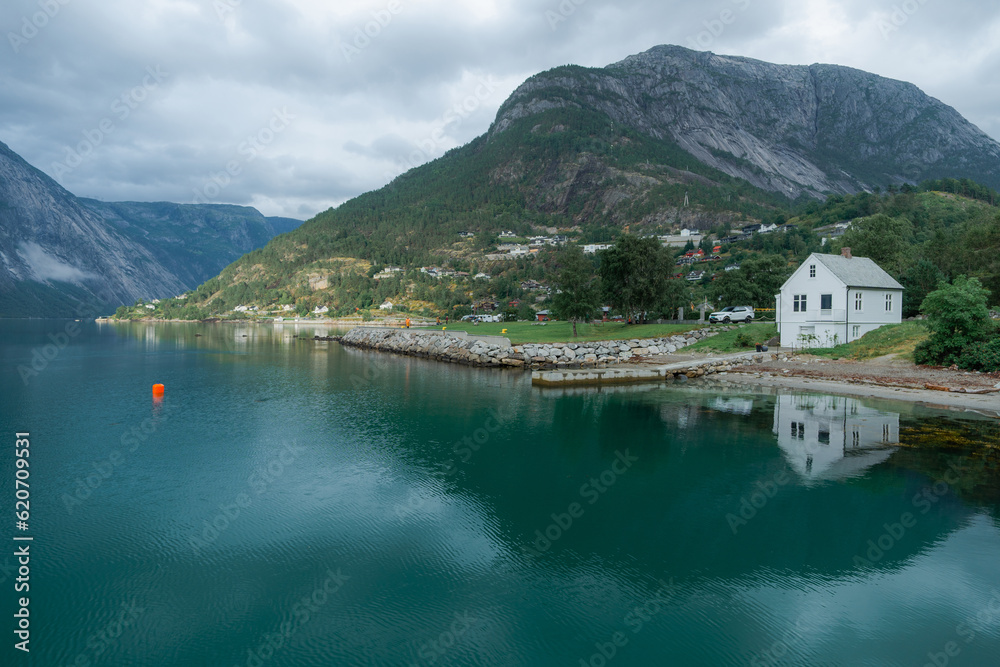Small town on the coast of the fjord in Norway 