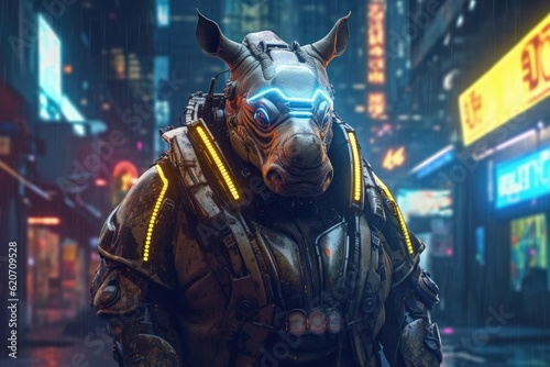 neon cyberpunk rhinoceros