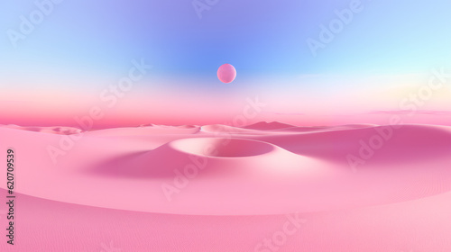Abstract fantastic background. Surreal fantasy landscape. Pink desert with blue sky and white clouds. Modern minimal wallpaper. Generative AI.