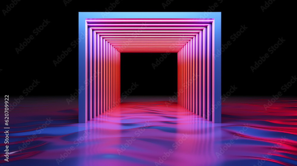 A red, pink, and blue neon light objects in the style of vibrant stage backdrops. Luminous seascapes, mirror rooms, striped compositions. Generative AI.