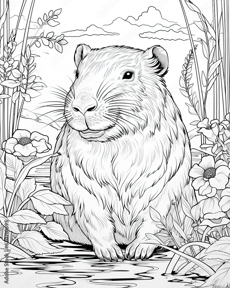 Capybara Coloring Book Page Generative AI Capybara Coloring Book Page Generative AI