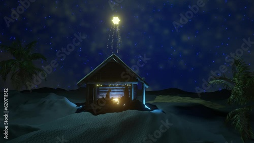 Nativity scene Jesus. Birth of Jesus Christ. Baby Jesus in manger with Mary and Joseph in Bethlehem. 4K Video animation 3d render.
