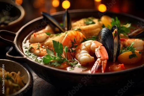 Bouillabaisse highlighting the rich and colorful ingredients photo