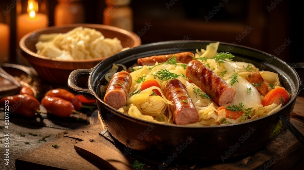 Choucroute Garnie with steaming sauerkraut, sausages, and side vegetables on a rustic wooden table
