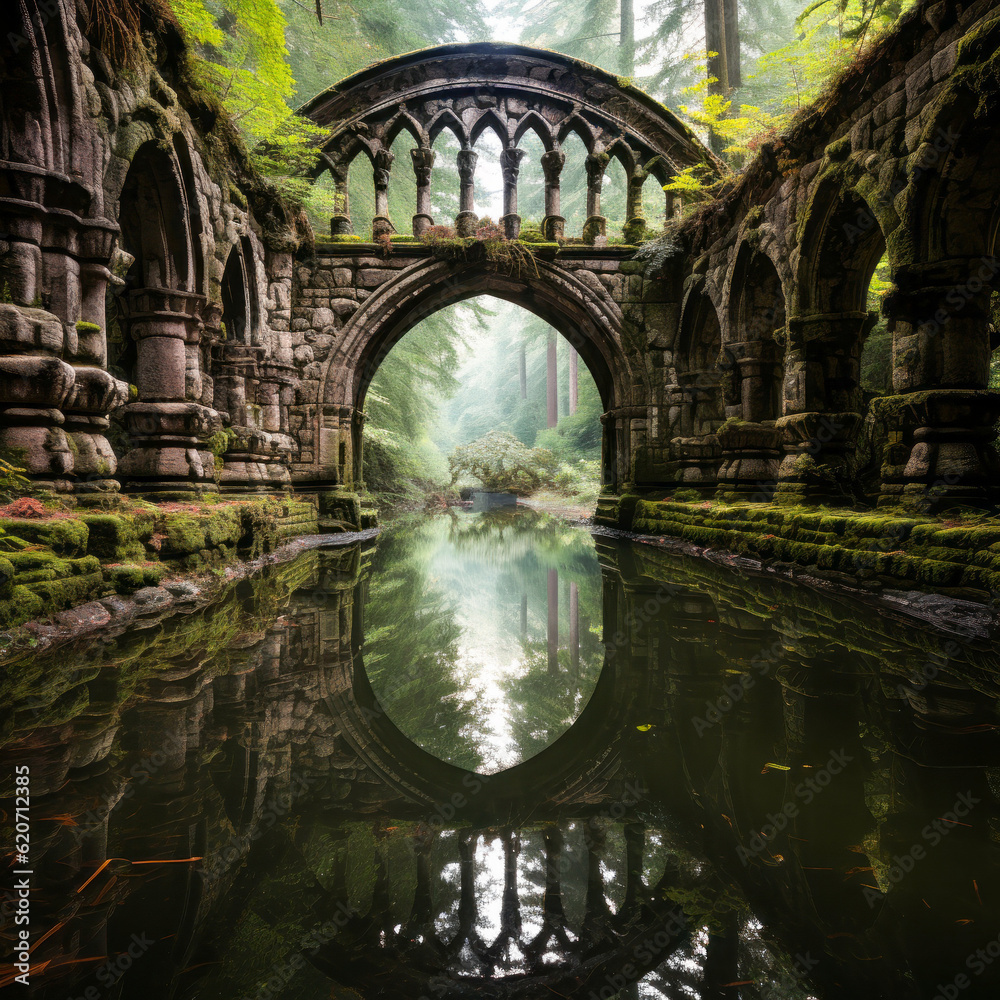 An arch reflected in the water by a small pond. Generative AI photos