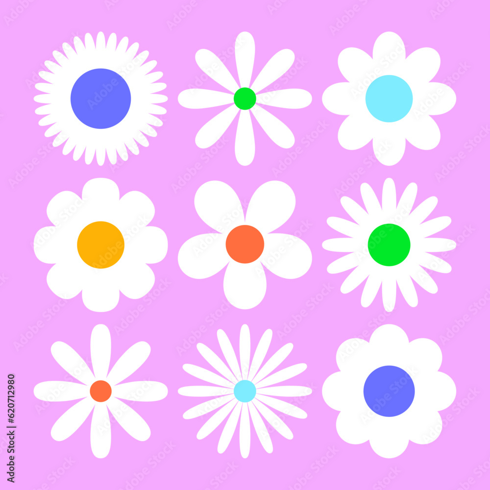 Flores vectoriales sobre fondo rosado. Plantilla de flores. Prado de flores. Margaritas. Flores vectoriales sobre fondo rosado. Plantilla de flores. Prado de flores. Margaritas.
