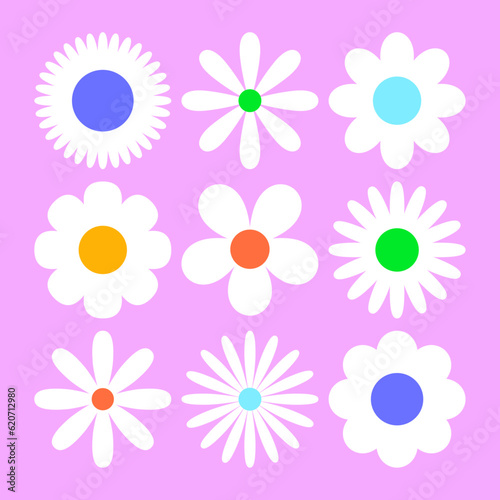 Flores vectoriales sobre fondo rosado. Plantilla de flores. Prado de flores. Margaritas.