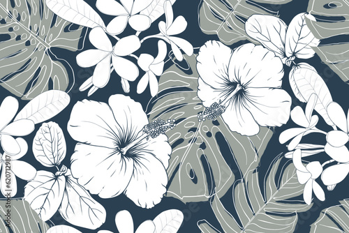 Seamless pattern vintage with hibiscus frangipani flowers and monstera green leaf background.Vector illustration hand drawing. Fabric pattern print design.