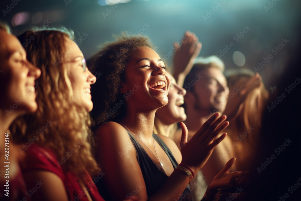Diverse Concert Crowd with a Happy Women Smiling