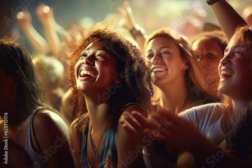 Diverse Concert Crowd with a Happy Black Woman Smiling