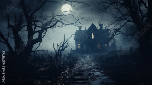 Photographie haunted house in the woods with moonlight