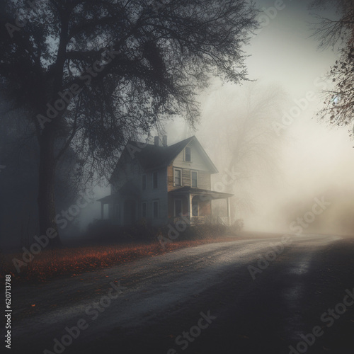haunted house in the forest with fog