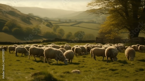 a flock of sheep graze in the pasture.Generative AI