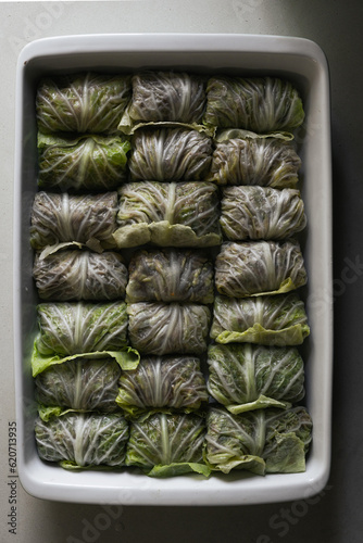 Overhead shot of traditional cabbage rolls photo