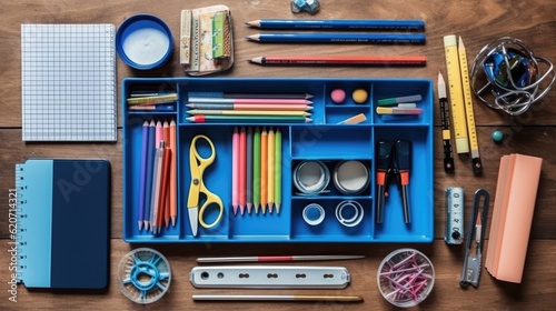 school tools, arranged on a wooden table, are the utensils used by elementary school students