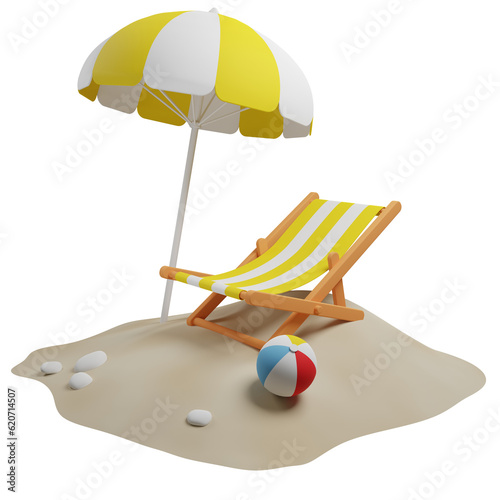 Beach Chair  Yellow Umbrella and Ball 3D illustration