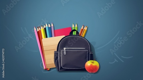 school background, of chalk blackboard with backpack and school supplies back to school