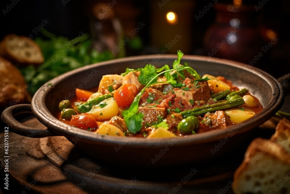 Navarin d'Agneau in a rustic setting, showcasing plated dish with contrasting textures Navarin d'Agneau in a rustic setting, showcasing plated dish with contrasting textures