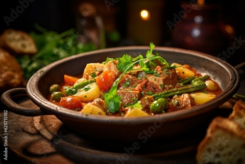 Navarin d'Agneau in a rustic setting, showcasing plated dish with contrasting textures