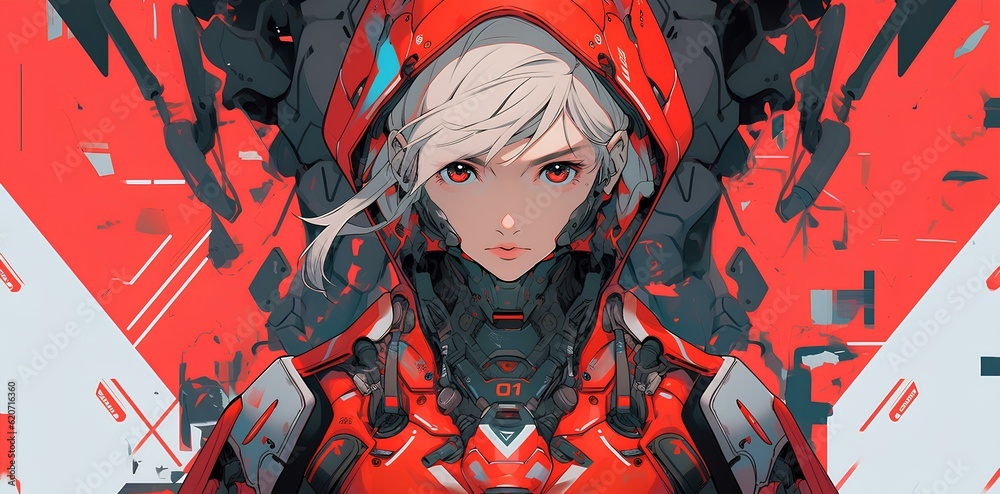 Fototapeta premium an anime girl dressed with red and gray armour and gloves, in the style of sci-fi realism. japanese animation style art illustration. generative AI 