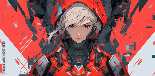 an anime girl dressed with red and gray armour and gloves, in the style of sci-fi realism. japanese animation style art illustration. generative AI  