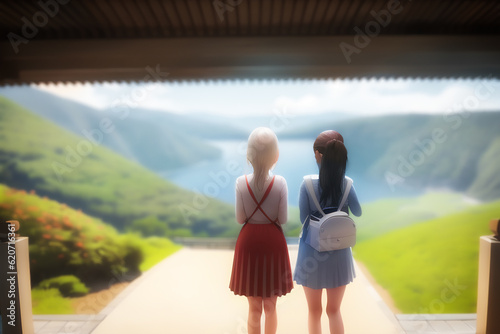 Anime style, cartoon illustration of unknown female tourists enjoying the scenic view of nature. Copy space