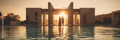  couple enjoying a romantic sunset by a modern swimming pool created with Generative AI technology
