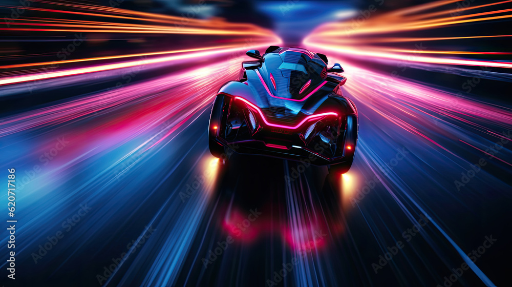 Illustration of a futuristic car speeding through a tunnel of vibrantblue and pink lights, cyberpunk wallpaper created with Generative AI technology