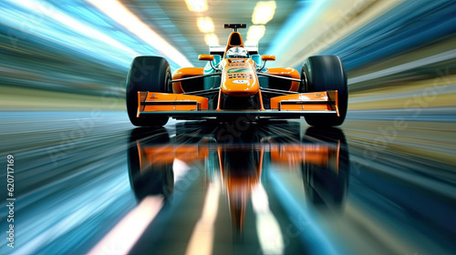 Illustration of an orange race car zooming through a tunnel with motion blur and speed light effects created with Generative AI technology