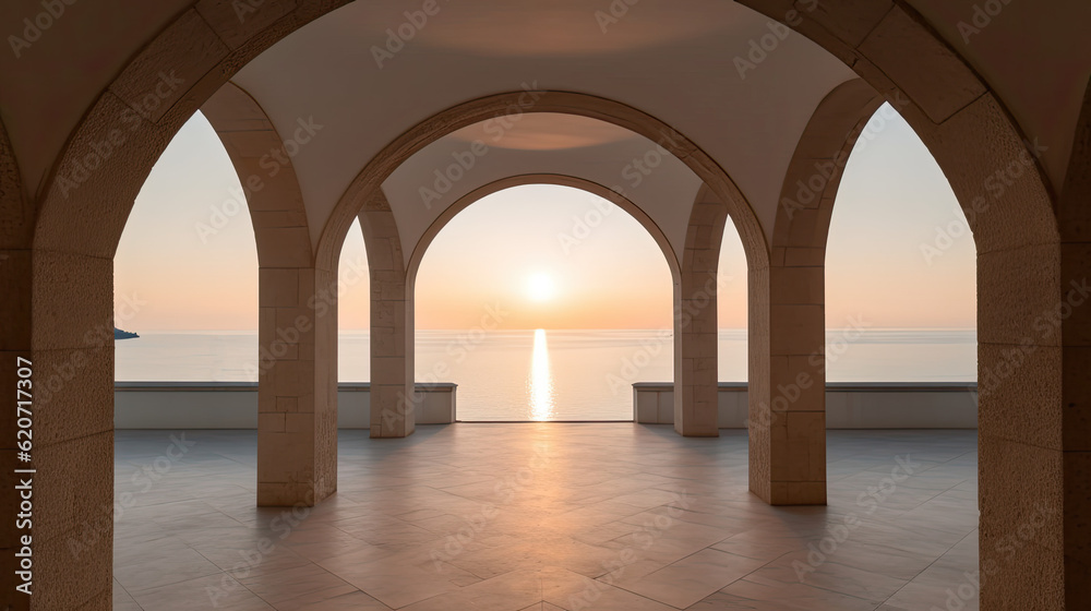 Fototapeta premium Illustration of the mediterranean sun setting over the ocean through a serene archway, traditional architecture with arch, AI