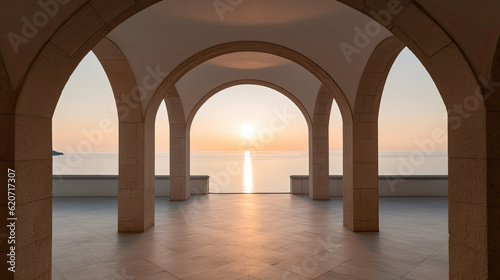 Illustration of the mediterranean sun setting over the ocean through a serene archway, traditional architecture with arch, AI