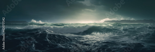Panoramic view of a serene landscape with a large body of water and rolling waves created with Generative AI technology © THINGDSGN