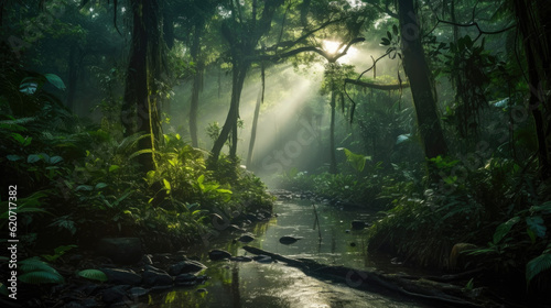 Illustration of a serene stream flowing through a vibrant and verdant forest landscape created with Generative AI technology