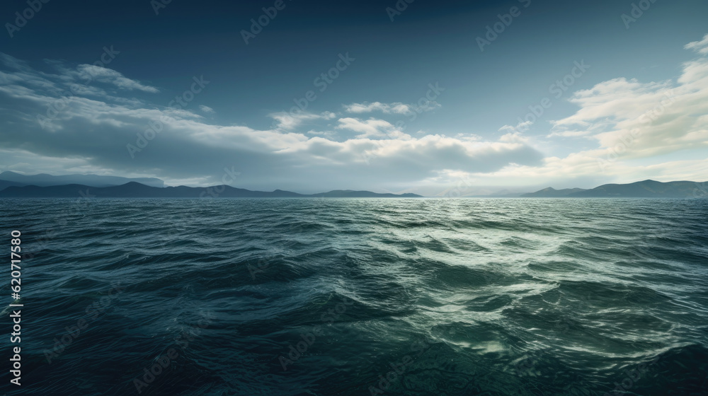 Fototapeta premium ocean and sky, illustration of a serene landscape with a vast body of water under a cloudy sky perfect nature banner with created with Generative AI technology