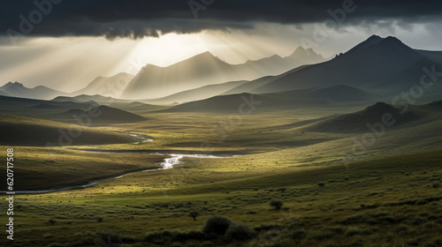 panorama in Ireland, sun shining through the clouds over the green mountains at sunset, AI