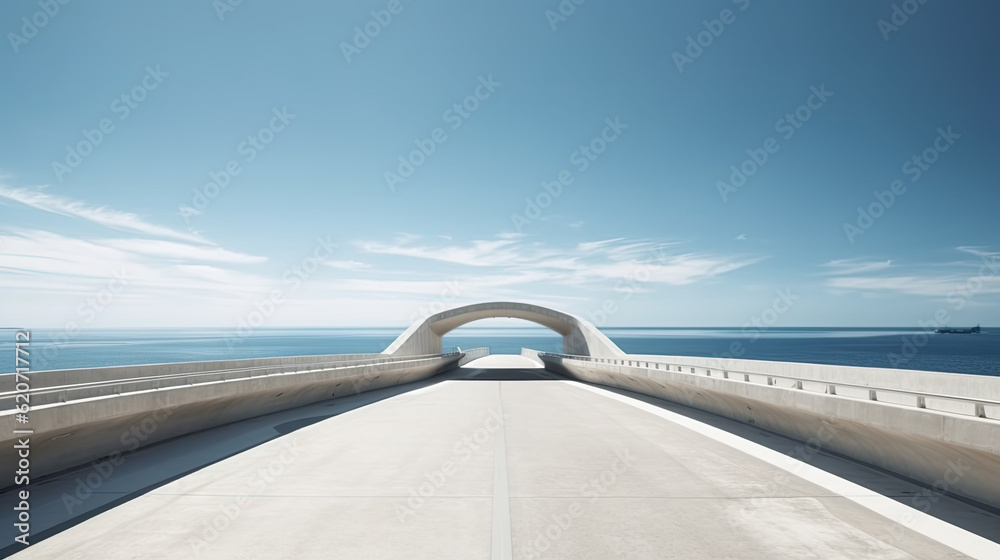 Illustration of a picturesque bridge surrounded blue sea, skyline view, AI
