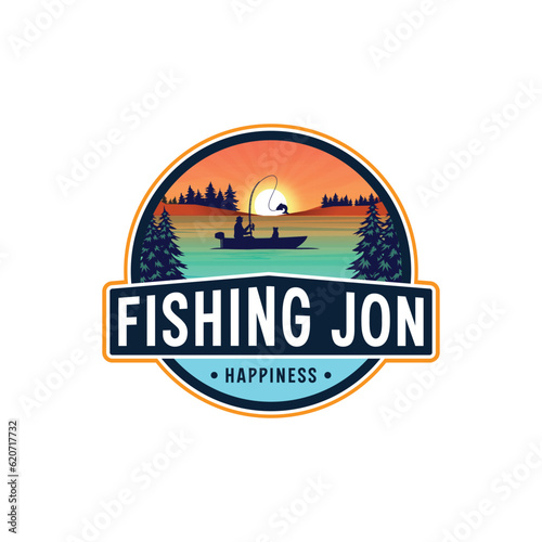 Mountain River Hiking Expedition Mountain Camping boat Sport sunset logo template